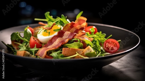 Composition with tasty fried bacon with cooked eggs and vegetables, made with Generative AI