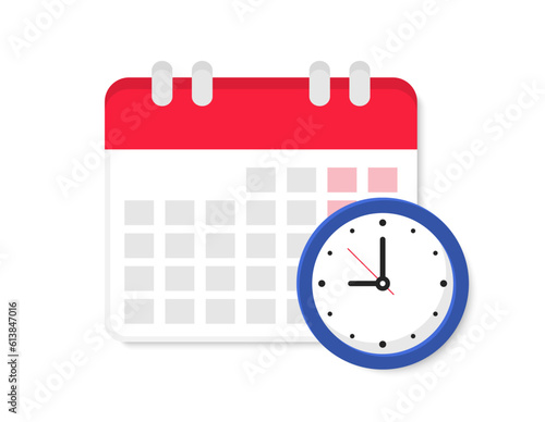 Calendar with clock. Schedule icon. Deadline calendar date. Reminder icon. Planning concept. Vector illustration.
