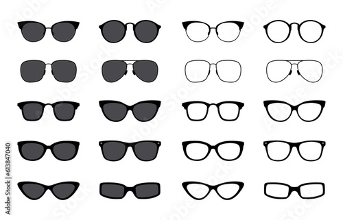 Glasses set. Sunglasses silhouettes. Glasses frames icon collection. Fashion eyeglasses icons. Different shapes frame. Vector illustration.