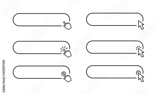 Click here button with pointer clicking. Hand pointer and arrow pointer clicking. Click here web button set. Computer mouse cursor and hand finger cursor. Vector illustration.