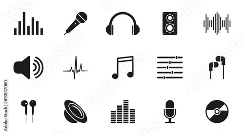 Music icon set. Audio icons. Microphone, headphone, speaker, equalizer etc. Vector illustration.