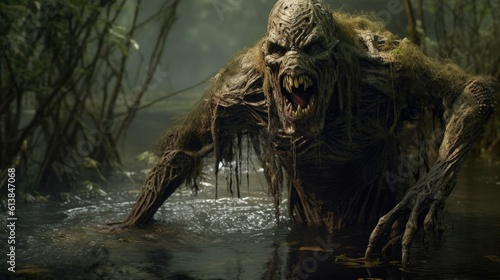 Monstrous creature crawling out of dark woods and swamps. Fear, horror, scary halloween concept