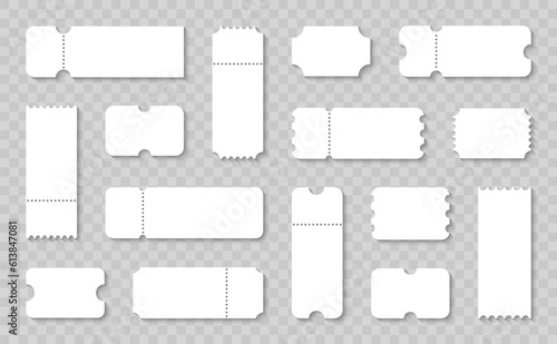 Blank ticket set. Empty ticket template. Coupons, lotterys, tickets movie, concert, boarding on transport. Vector illustration.