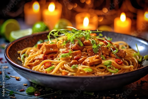Vegan pasta with grilled vegetables, basil, sauce.