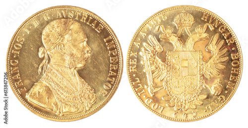 Gold coin four Austrian ducats from 1915 . Austrian gold ducat depicting Kaiser Franz-Josef. Investing in gold, bullion coins photo