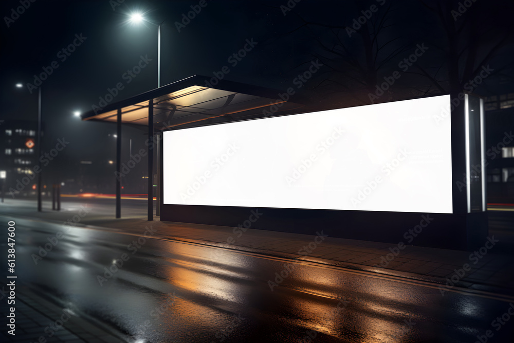 Large Blank Digital advertisement billboard at bus stop after rain in night, Blank Outdoor Advertising billboard for marketing ad displays in city, Digital billboard mockup at bus stop, generative ai