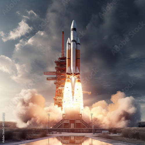 A large cargo rocket is launched from the launch pad