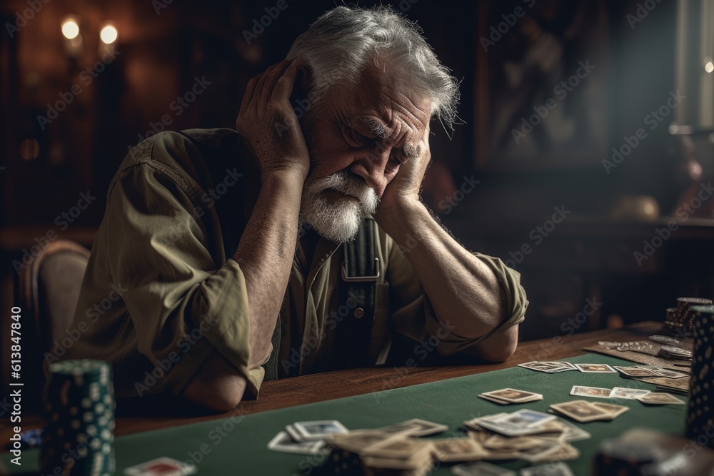Depressed senior man in elegant dress leaning head at poker table with sad face when lose all money. Generative AI