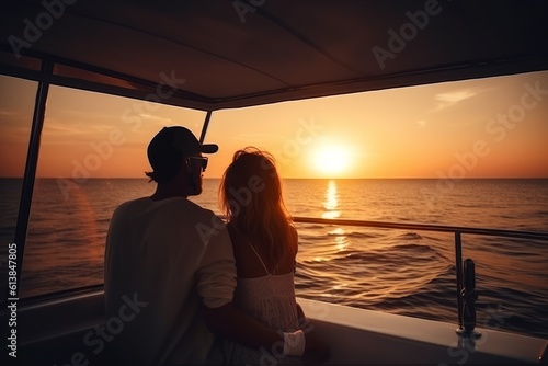 Beautiful couple looking sunset from the yacht. Generative Ai