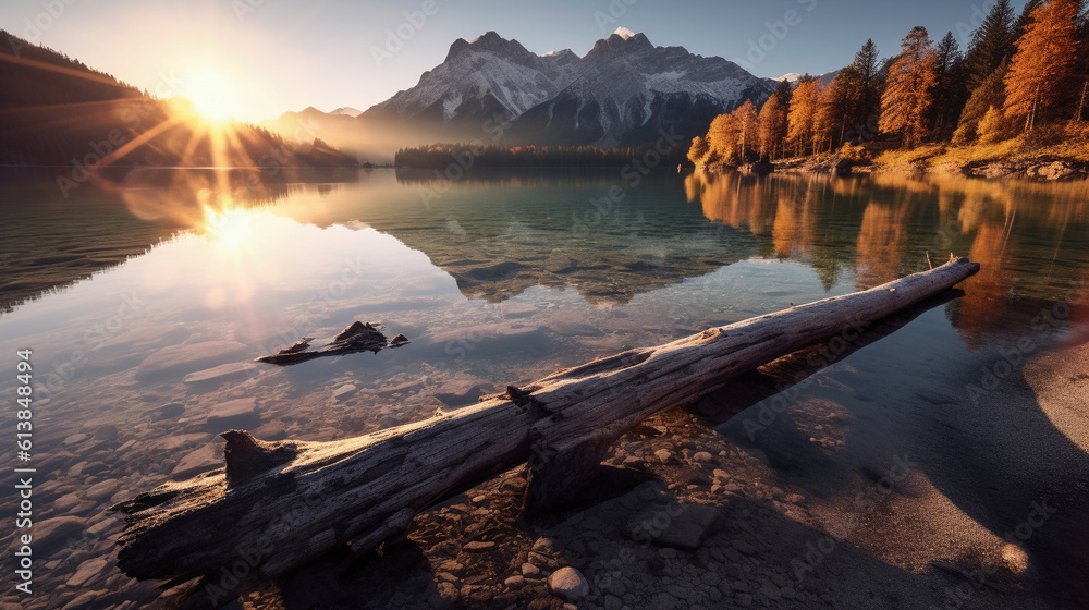 The Eibsee at sunset. The Zugspitze can be seen in the background. In the foreground lies an old tree trunk. (AI generated)