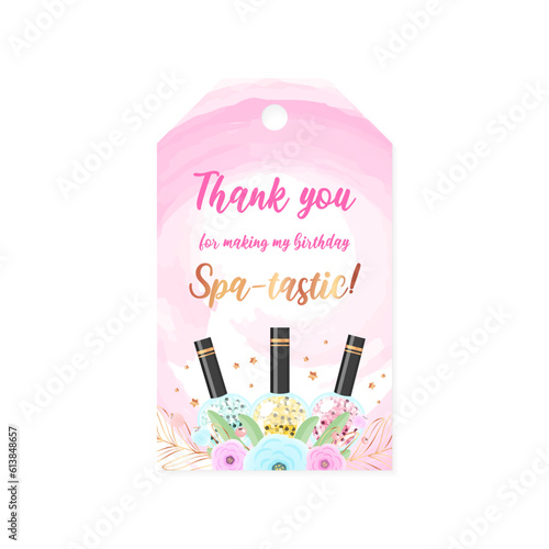 Birthday Thank you card. Beautiful spa party gift tag background decorated with makeup products. Vector illustration 10 EPS.
