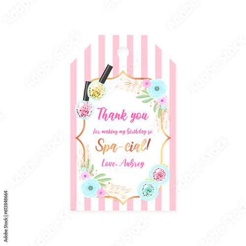 Birthday Thank you card. Beautiful spa party gift tag background decorated with makeup products. Vector illustration 10 EPS.