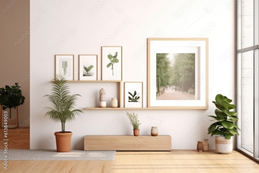 Mock up of picture canvas frame with small plants in vase in background, ai generative Mock up of picture canvas frame with small plants in vase in background, ai generative