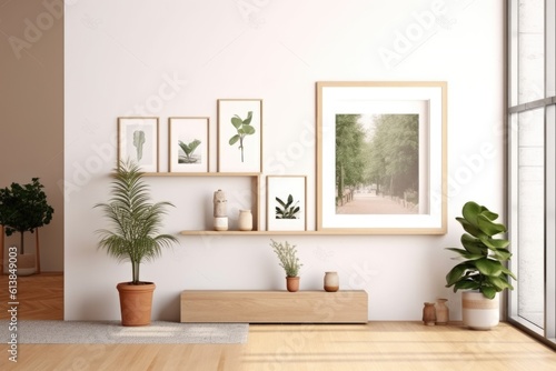 Mock up of picture canvas frame with small plants in vase in background  ai generative