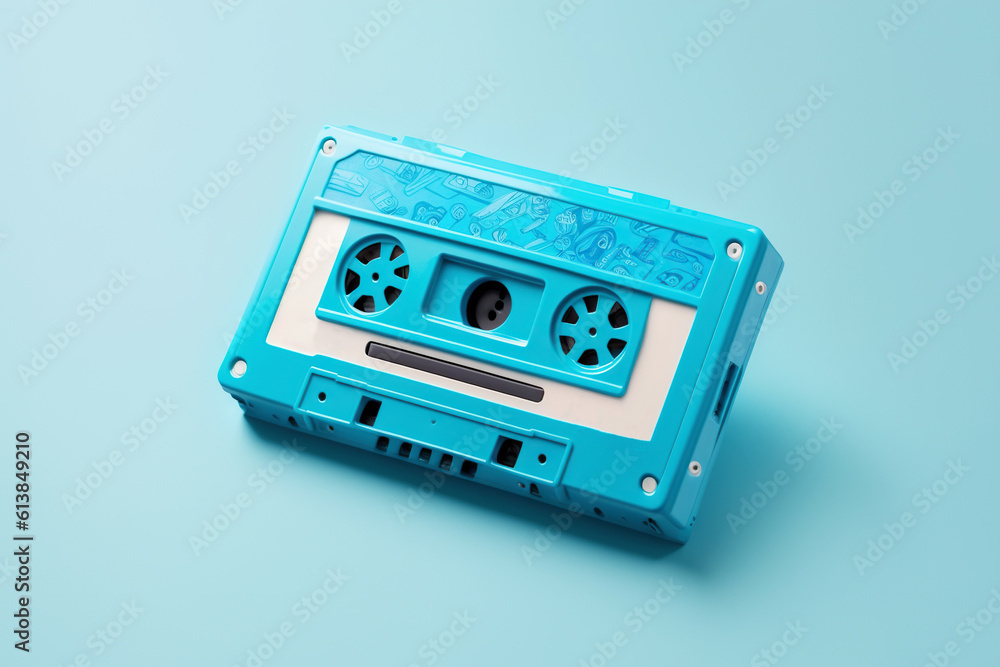 Fototapeta premium Old vintage cassette tape recorder on blue background. Grunge, 70s-80s nostalgia. copy space, blue background