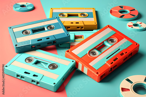 Old vintage cassette tapes scattered blue background, copy space. Grunge, nostalgia music culture 70-80s