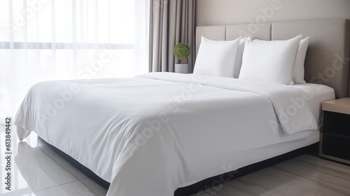 bed with white pillows in hotel, ai generative