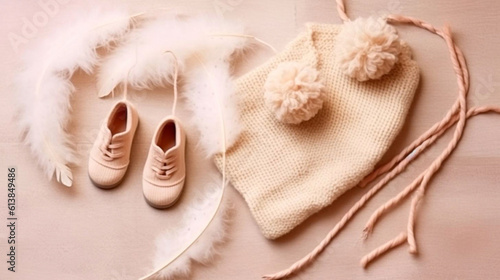 knitting for a newborn, crochet.booties, dress top view on a soft beige background,tenderness,knitting needles,baby legs,lace ribbon and feathers in vintage style,AI generated