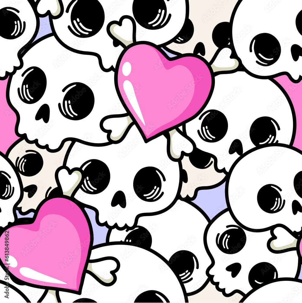 Cute skull vector seamless pattern with hearts. Multicolor Skulls background, Day of the Dead celebration. Seamless pattern with skulls. Vector illustration.