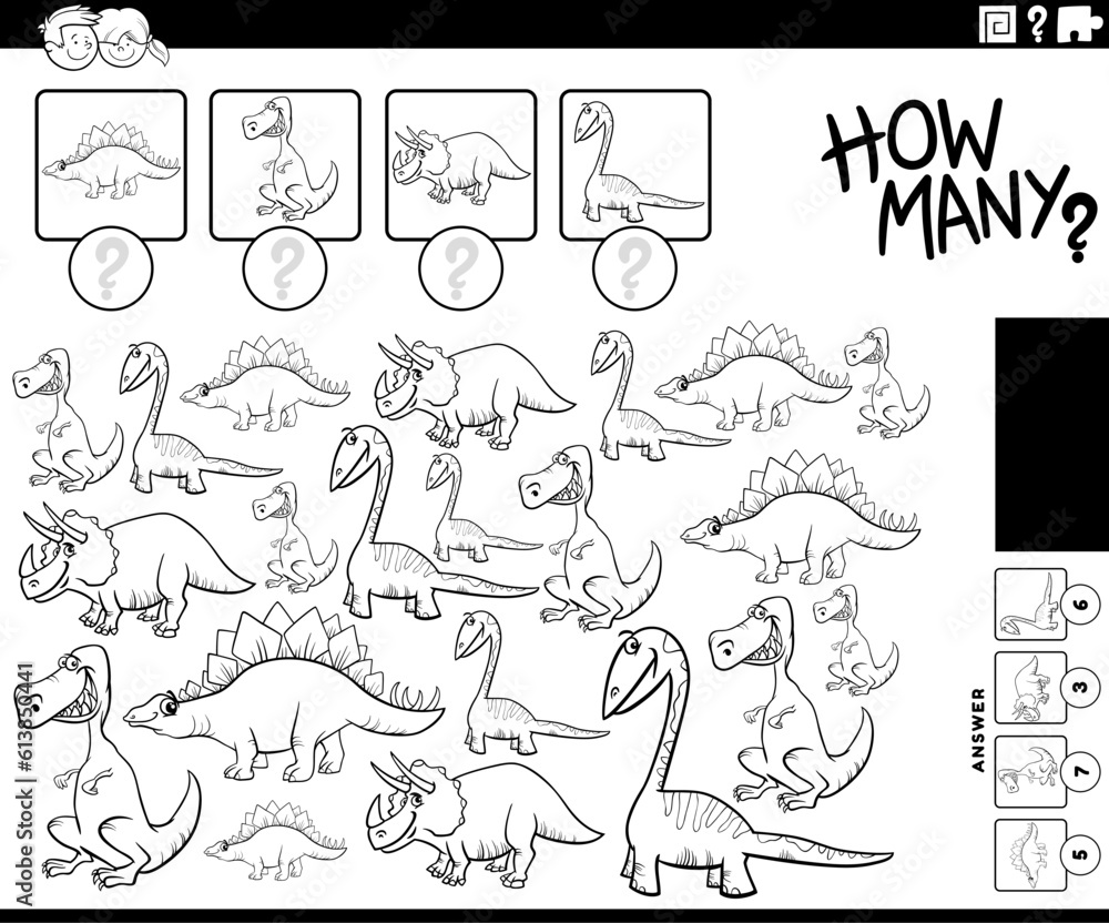how many cartoon dinosaurs counting game coloring page