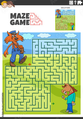 maze game activity with cartoon mailman fox and horse