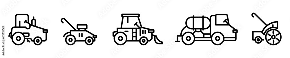 Conjunto de iconos de maquinaria de agricultura. Tractor, cosechadora, cabezales, podadora. Ilustración vectorial