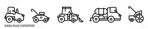 Conjunto de iconos de maquinaria de agricultura. Tractor, cosechadora, cabezales, podadora. Ilustración vectorial