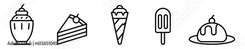 Conjunto de iconos de postres helados. copa de helado, rebanada de tarta, helado en cono, paleta. Concepto de repostería. Ilustración vectori