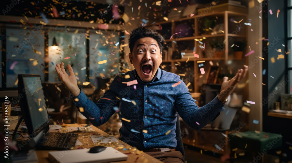 Surprised asian man throwing confetti in the air at office, Generative AI Surprised asian man throwing confetti in the air at office, Generative AI
