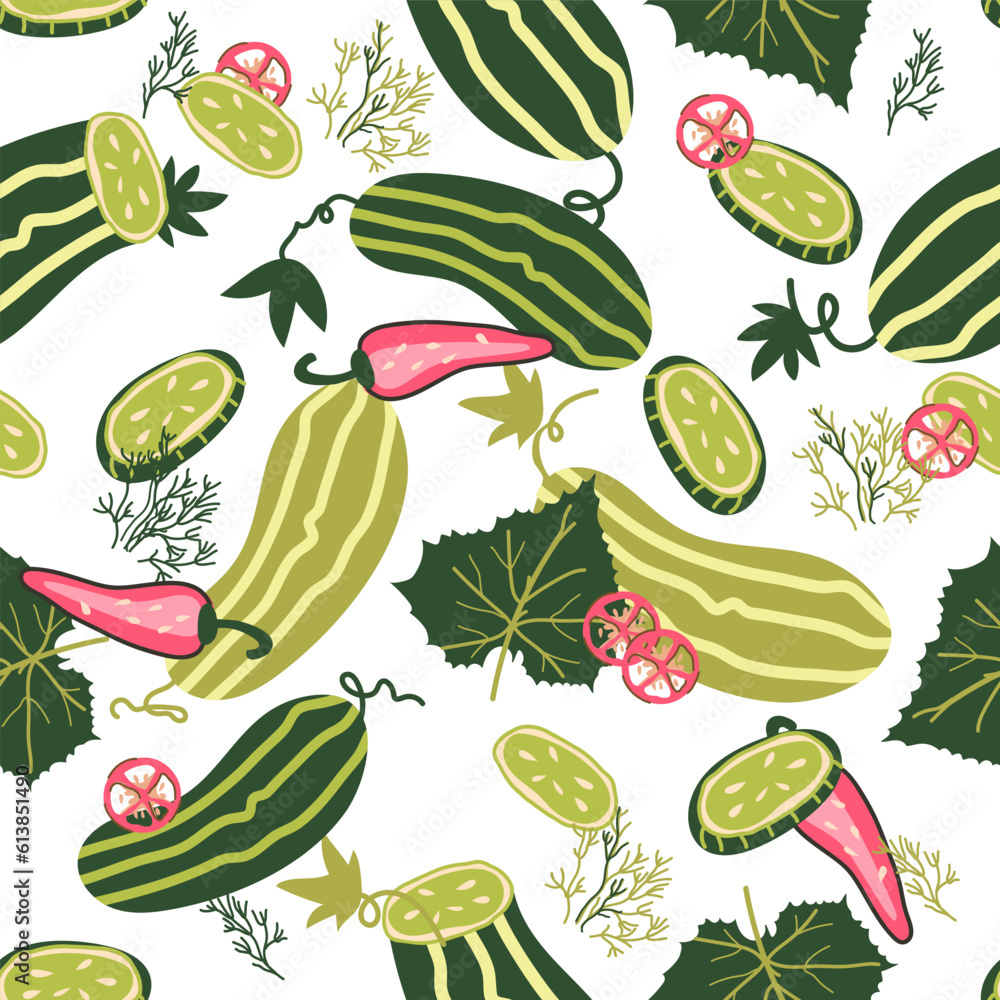 Cucumbers and pickles pattern seamless design for summer prints and food packaging, pickles jars, hand drawn vector illustration on white background. Seamless pattern with cucumber and hot pepper. Cucumbers and pickles pattern seamless design for summer prints and food packaging, pickles jars, hand drawn vector illustration on white background. Seamless pattern with cucumber and hot pepper.