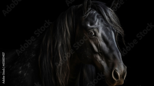 Portrait of black stallion Horse with long mane. Generative ai.