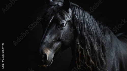 Portrait of black stallion Horse with long mane. Generative ai.