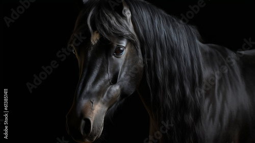 Portrait of black stallion Horse with long mane. Generative ai.