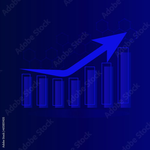 Futuristic blue, technology background with arrow, diagram. Big data and business growth, interest, currency stocks and investment economics