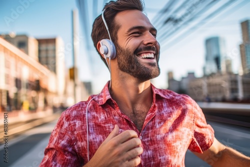 Portrait of handsome man listening to music with headphones in the city  Generative AI