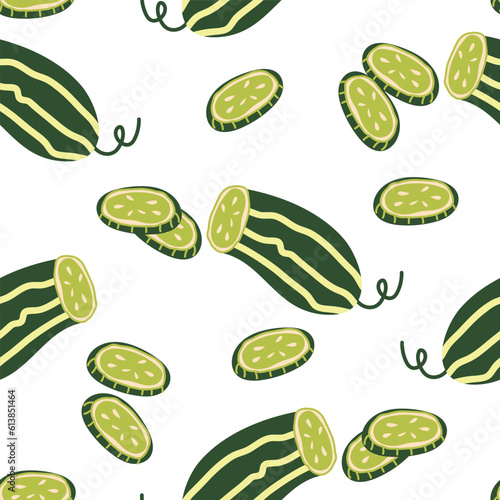 Cucumbers pattern seamless design for summer prints and food packaging, pickles jars, hand drawn vector illustration isolated on white background.