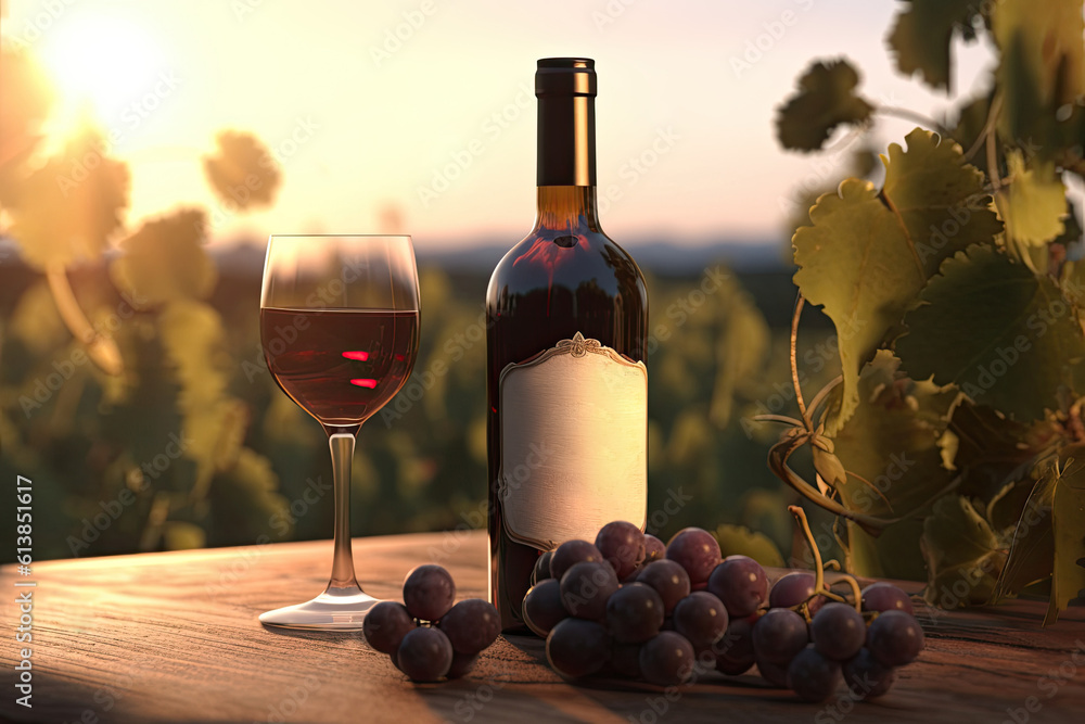 Red wine in wineglass and bottle on wooden table in backlight. Summer landscape. Copy space. Illustration. Generative AI.