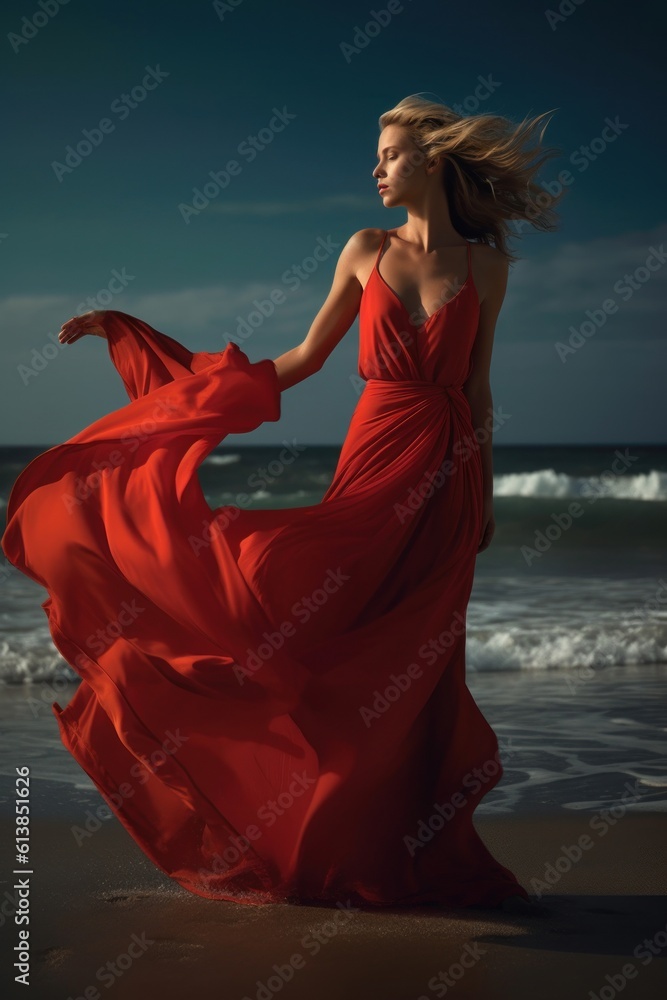 Girl in a red dress on the beach at sunset. Generative AI Girl in a red dress on the beach at sunset. Generative AI