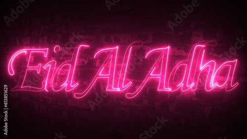 Festive Illustration of Eid Mubarak Label. Eid al adha holiday card Muslim holiday, design template modern trend style, light banner, bright advertising. Islam text neon sign