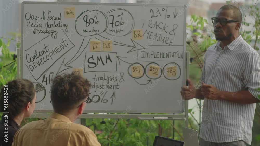 African American businessman standing by whiteboard and giving presentation about marketing strategy to colleagues during outdoor team meeting African American businessman standing by whiteboard and giving presentation about marketing strategy to colleagues during outdoor team meeting