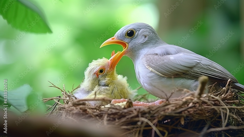 a mother bird feeds her baby birds in a nest in the woods. generative ...