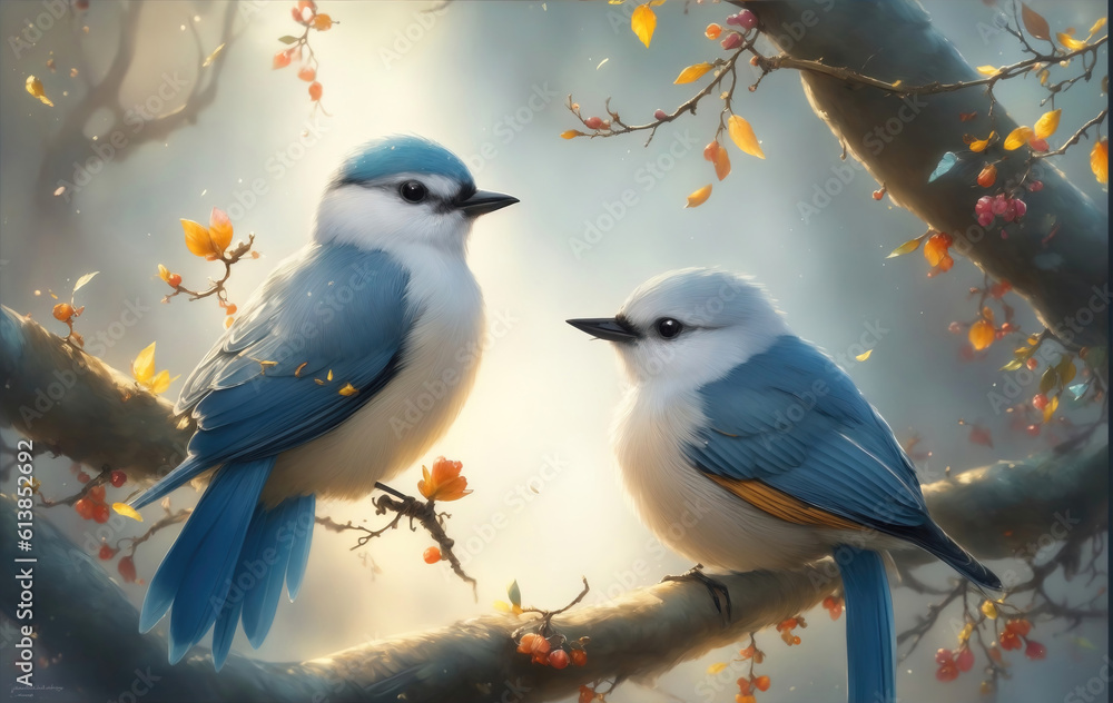 Cute fairy birds sitting on a branch among flowers. Generative Ai.