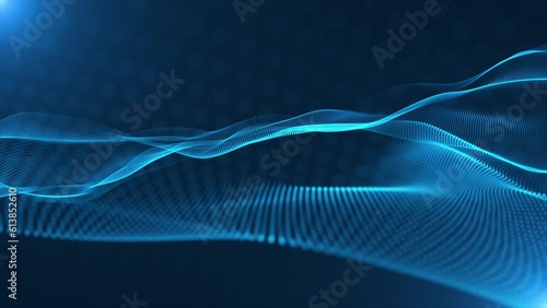 3D animation. Abstract blue digital particles wave and Digital data network connections for a technology, communication or social media background. Dynamic wave of particles. Big data visualization