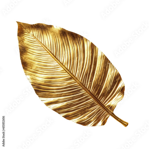 Golden metallic 3d leaf isolated on white. Single luxury gold floral element. Generative AI.