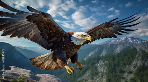  a large eagle flying over a lush green forest covered hillside.  generative ai photo