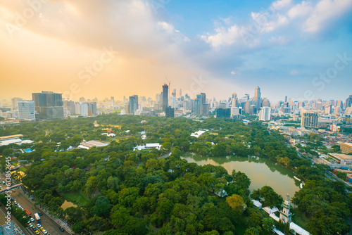 Aerial view Bangkok city Lumpini public park with office building urban background