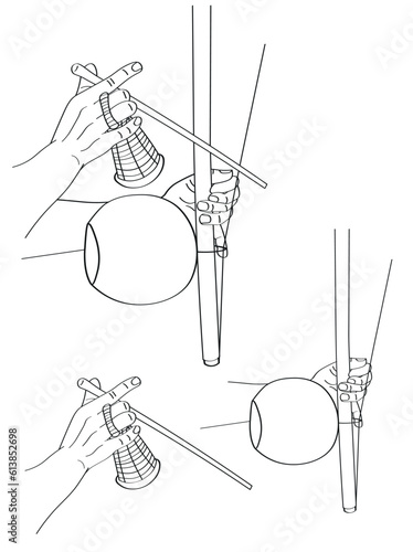 Sketch of a human hand holding a brazilian music instrument, berimbau. Vector illustration doodle of a capoeirista playing on berimbau. Black line drawing with white background.
