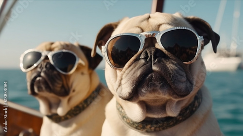 Pug bulldog Dogs wearing sunglasses are taking selfies on a yacht with the sea in the background. Generative ai.