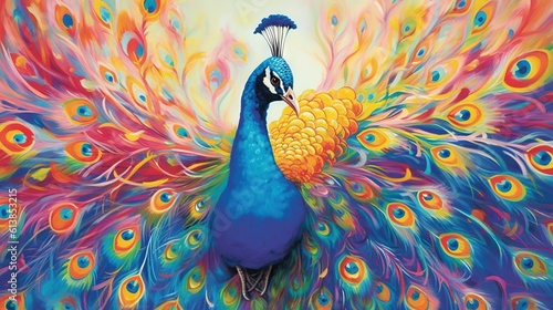  a painting of a peacock with its feathers spread out in the air, creating a vibrant and colorful display The peacock is painted in a variety of colors, including b