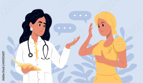 Young smiling female doctor talking to cancer patient woman in headscarf . Yellow awareness ribbon. Awareness of the about Adenosarcoma, bladder cancer, bone cancer, endometriosis, sarcoma.